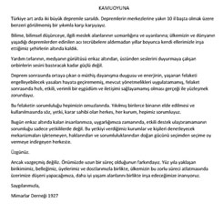 Mimarlar Derneği 1927: 'Felaketin Sorumluluğu Hepimizin Omuzlarında'